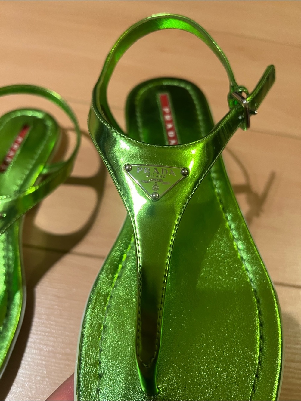 Prada Sport Metallic Lime Green T-Strap Slingback Sandals - Picture 3 of 5